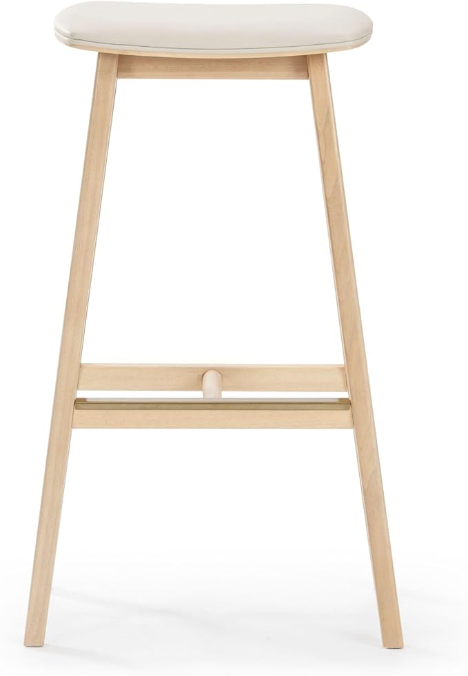 Plank+Beam Beryl Bar Height Stool - Mid-Century Modern Rubberwood Bar Stool with Faux Leather Seat, Metal Footrest, Easy Assembly, Blonde/Sesame