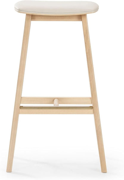 Plank+Beam Beryl Bar Height Stool - Mid-Century Modern Rubberwood Bar Stool with Faux Leather Seat, Metal Footrest, Easy Assembly, Blonde/Sesame