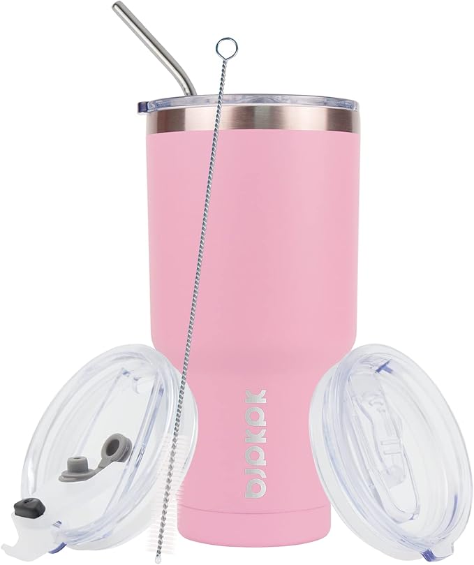 BJPKPK 30oz Insulated Tumbler with Lids and Straw, Stainless Steel Travel Coffee Tumbler,Powder Coated Travel Mug,Light Pink