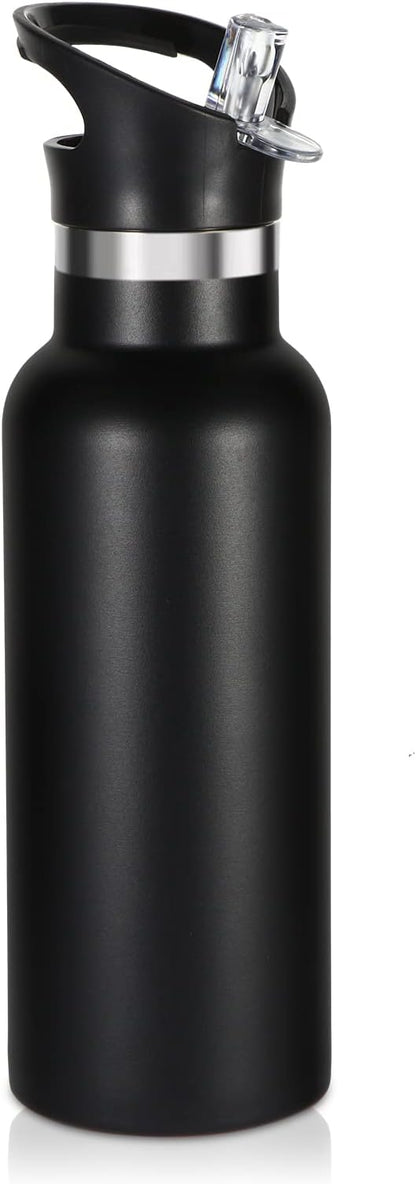 Volhoply 17oz Kids Insulated Water Bottle,Stainless Steel Water Bottles with Straw Lid,Double Wall Vacuum Metal Cups Water Bottle,Reusable Sports Water Flask Keep Hot & Cold for School (Black,1 Set)