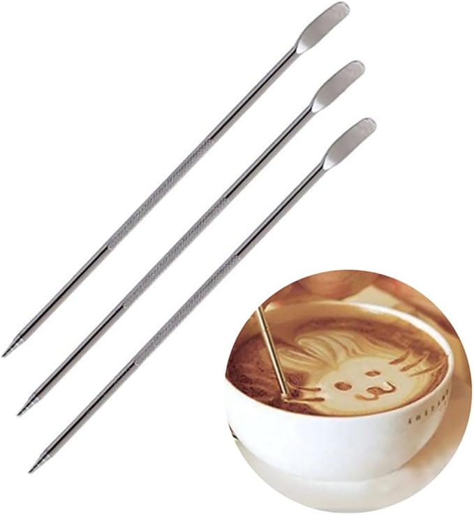 3PCS Silver Stainless Steel Coffee Art Pen Tool Espresso Machine Cafe Home Kitchen Coffee Fancy Stitch Barista Tool for Cappuccino Latte Art Espresso Decorating