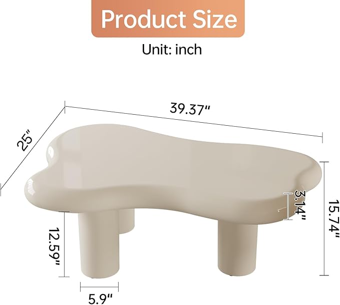 Irregular-Shaped Coffee Table, 39.37" Cream White Center Table with 3 Legs, Cartoon Indoor Tea Table for Living Room, Home Office, Easy to Assemble