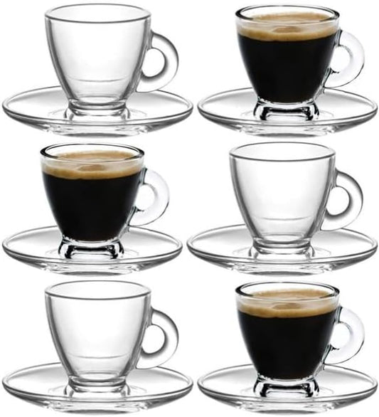 BOHEM'S Espresso Cups, 3.2 oz Small Demitasse Clear Glass Espresso Drinkware, Set Of 6, Cups and Saucers, Espresso Shot Glasses, Clear Expresso Coffee Cups, Tazas de Cafe Expreso