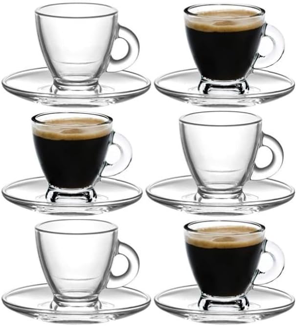 BOHEM'S Espresso Cups, 3.2 oz Small Demitasse Clear Glass Espresso Drinkware, Set Of 6, Cups and Saucers, Espresso Shot Glasses, Clear Expresso Coffee Cups, Tazas de Cafe Expreso