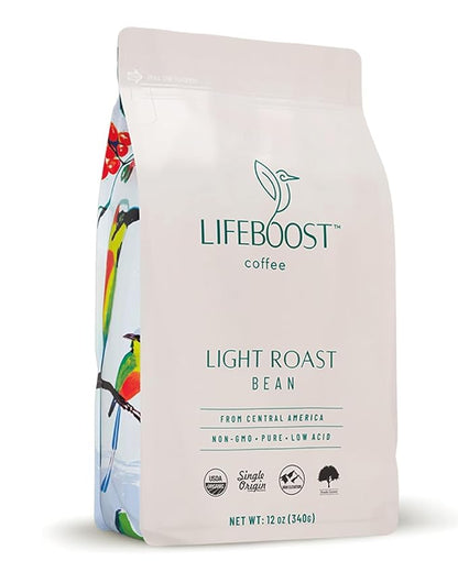 Lifeboost Light Roast Coffee Beans - Non-GMO Single Origin Low Acid Organic Light Roast Coffee - Third Party Tested For Mycotoxins & Pesticides - Whole Bean - 12 Ounces