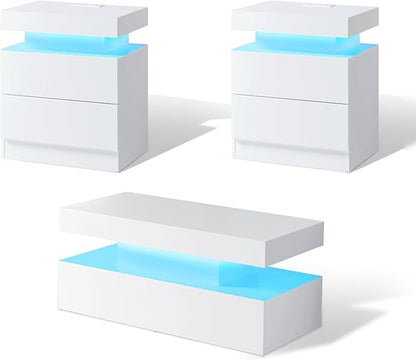 AMERLIFE High Gloss 3 Pieces Living Room Table Set, Modern LED Coffee Table Sets of 3, 2-Tier Center Table with 2 End Side Tables, LED Lights Bedside Table Nightstands with Charging Station, White