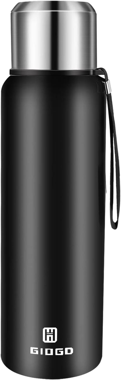 Insulated vacuum Thermo Bottle 750ml/25.4oz with cup Stainless steel coffee bottles for hot and cold drink water flask.(Black,750ml)