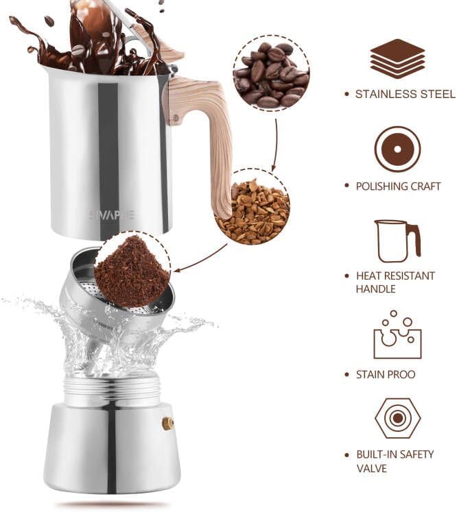 Sivaphe Stainless Steel Stovetop Espresso Coffee Maker, 6cups Espresso pot, 300ml Moka Campaing Coffee Pot, Induction Italian Mocha Pot with Step-by-step Instructions(1 Cup=50ml)