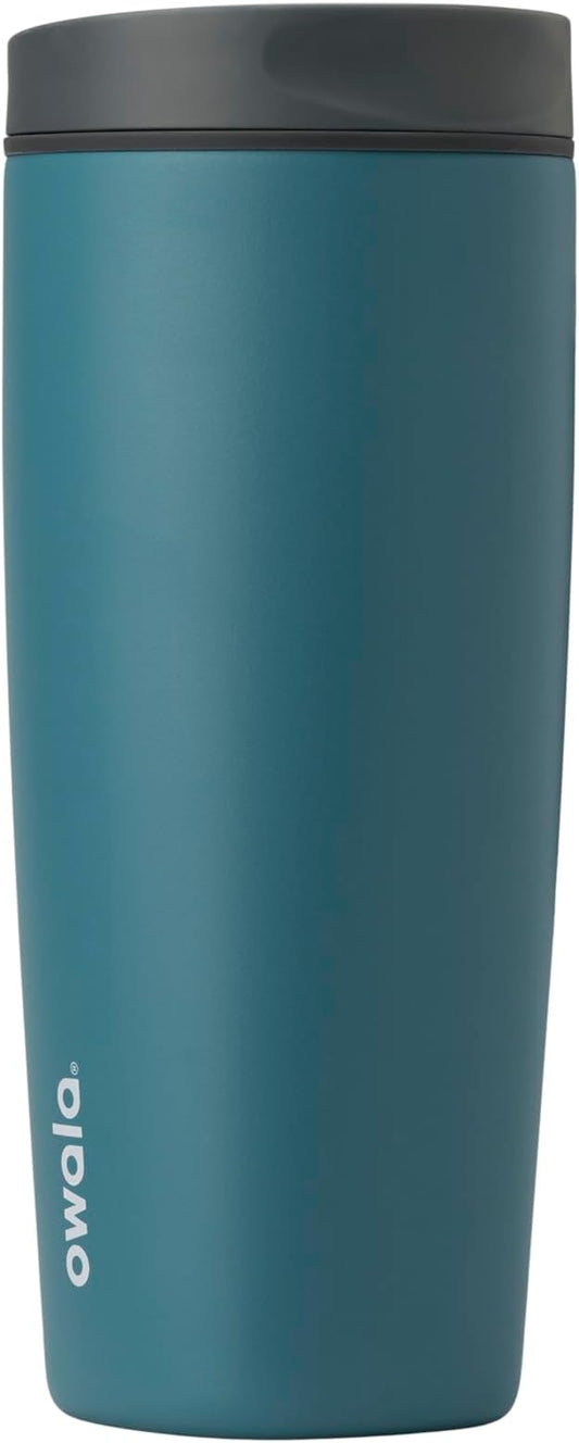 Owala SmoothSip Slider Insulated Stainless Steel Coffee Tumbler, Reusable Iced Coffee Cup, Hot Coffee Travel Mug, BPA Free 20 oz, Grey/Blue (High Dive)