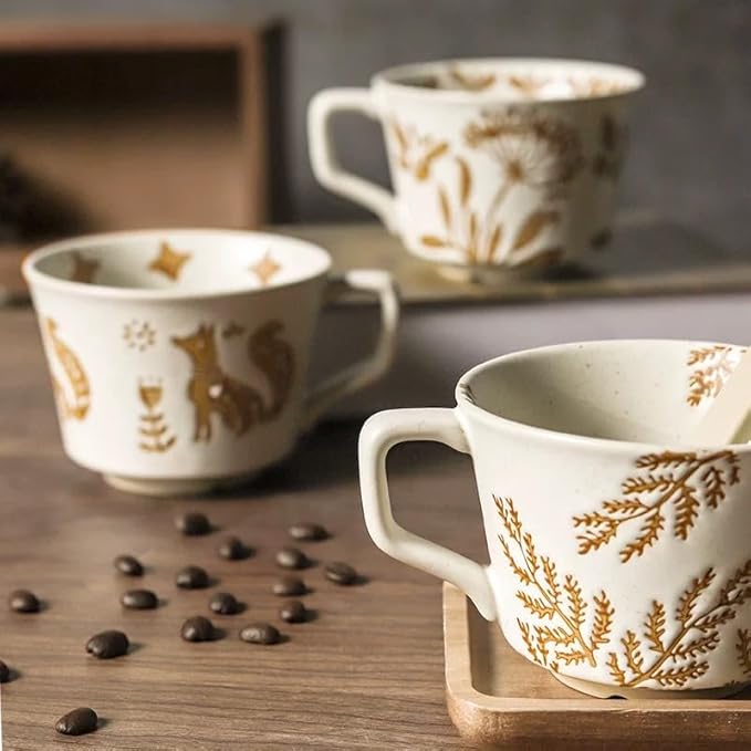 Ceramic Mug 1 pc, 11oz - Vintage Coffee Mug, Pottery Cups for Milk, Latte, Cappuccino, Tea - Porcelain Dishwasher, Microwave Safe Stoneware Gift for Women Men, Brown Leaf