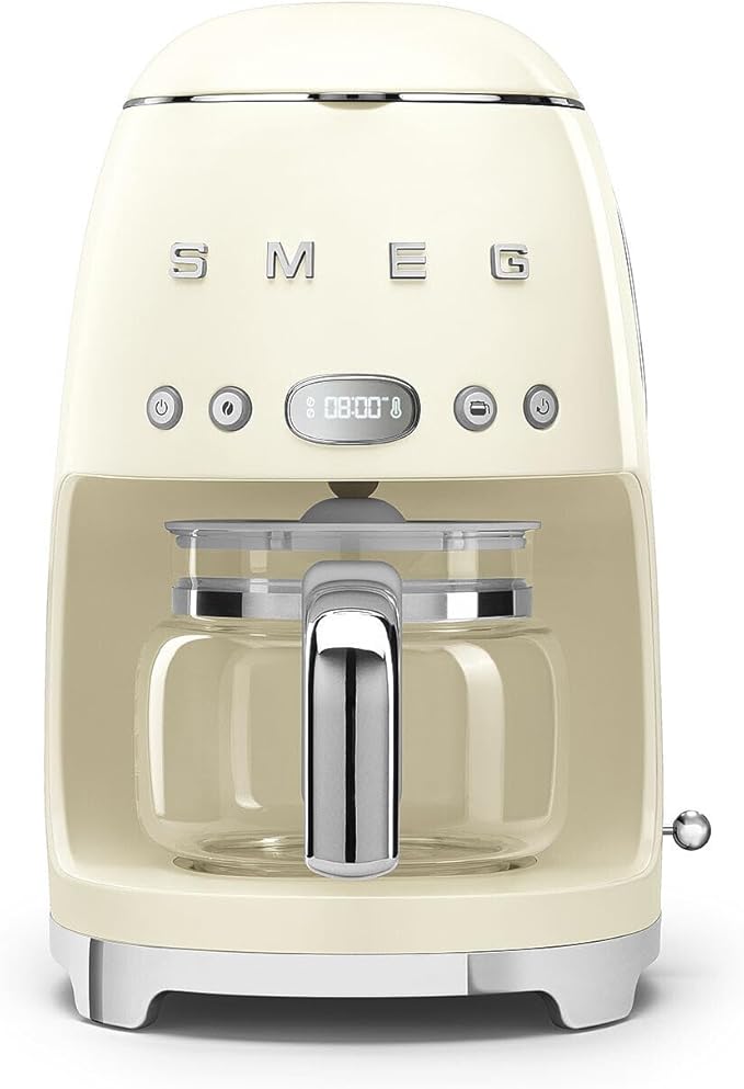 Smeg 50's Retro Style Aesthetic Drip Coffee Machine with 10 Cup Glass Carafe, Auto Start Feature, Keep Warm Plate, and Two Coffee Strength Settings (Cream)