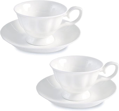 Fine Bone China Coffee Cups with Saucers, Set of 2 Vintage British Royal Style Ceramic Tea Cups, 4 Oz Small Tea Cup and Saucer Set for Afternoon Tea or Gift
