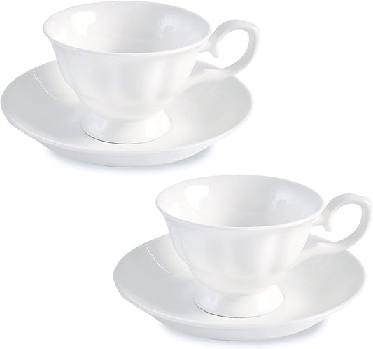 Fine Bone China Coffee Cups with Saucers, Set of 2 Vintage British Royal Style Ceramic Tea Cups, 4 Oz Small Tea Cup and Saucer Set for Afternoon Tea or Gift