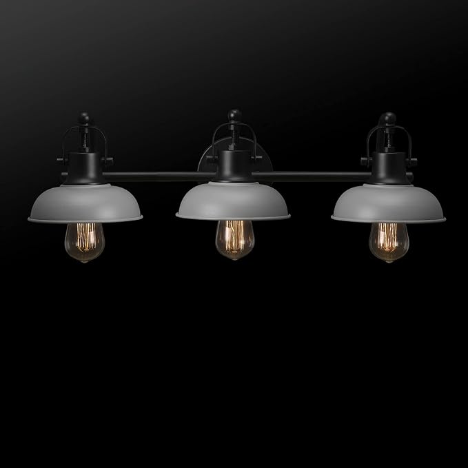 Globe Electric 52065 Gladstone 5-Piece All-In-One Bathroom Set, Matte Black, 3-Light Vanity Light with Matte Gray Metal Shades, Towel Bar, Towel Ring, Robe Hook, Toilet Paper Holder