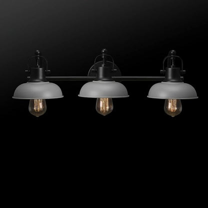 Globe Electric 52065 Gladstone 5-Piece All-In-One Bathroom Set, Matte Black, 3-Light Vanity Light with Matte Gray Metal Shades, Towel Bar, Towel Ring, Robe Hook, Toilet Paper Holder