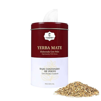 Yerba Mate, CUOPRU Suave Argentinian Mate, Low Powder, Original Leaves With Stems, Portable Storage Tea Caddy (N.W.247g)