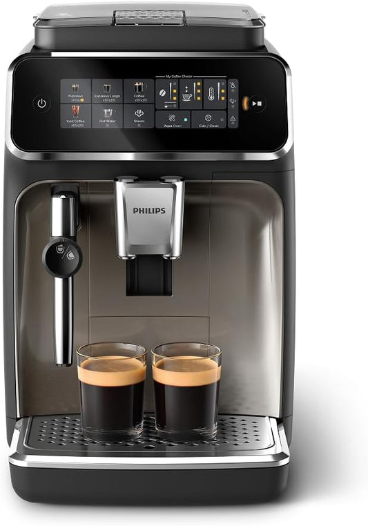 Philips 3300 Series Fully Automatic Espresso Machine with integrated milk frother and grinder, 5 Hot & Iced Coffee Pre-Sets, 40% Quieter SilentBrew, 15-Bar Pressure, Glossy Black (EP3326/90)