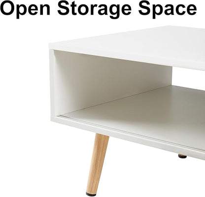 Mid Century Modern Coffee Table with Storage, 41.3 Inch Rectangle Wooden Accent Center Sofa Table with Sliding PE Rattan Woven Door Panel and Solid Wood Legs, Suitable for Living Room, Apartment