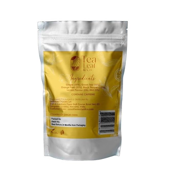 Tealeaf & Co. Lemon Ginger Green Tea with Ginger, Lemon Flavor, Orange Peel, Mint & Black Pepper - Organic Green Tea Bags with Fresh Herbs and Spices - Vegan - 100 Teabags (7.055oz/200gm)