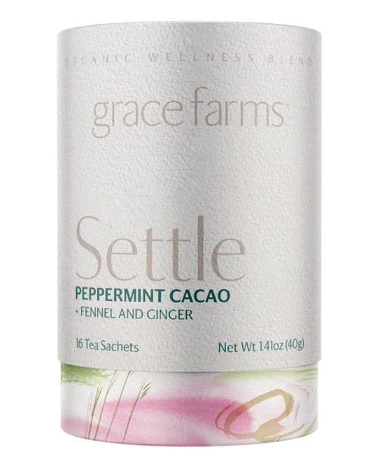 Grace Farms SETTLE Wellness Organic Tea Blend (16 Pyramid Sachets) | Peppermint Cacao | Relaxing and Digestive Support | Fairtrade and Kosher | Filled With Antioxidants and Stress-Relieving Herbs | Gives Back 100% of Profits