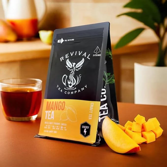 Revival Tea Company Mango Tea - Black Tea Blend with Real Mango Pieces and Flavor - 24 Tea Bags