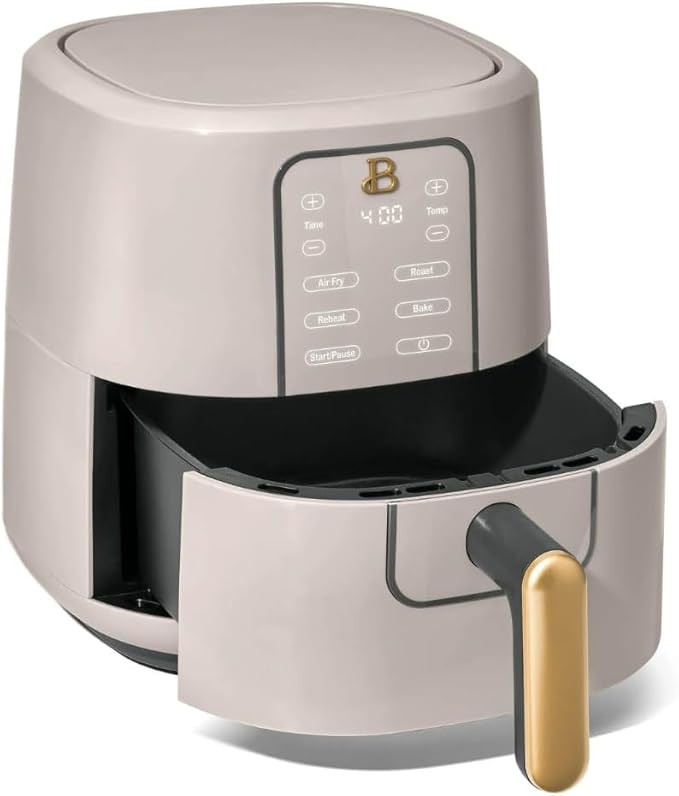 Beautiful 3-Quart Digital Air Fryer with TurboCrisp Technology by Drew Barrymore – 4 Preset Functions, 1200W Power, Non-Stick Coating, Dishwasher Safe Basket (Porcini Taupe)