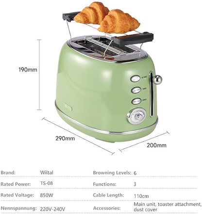 Toaster Retro 2 Slice, Vintage Green Toaster with Lid, with Bread Attachment, Preheat, Defrost And Cancel Functions, 6 Browning Levels (Green)