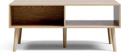 Coffee Table with Storage, Boho Dining Table with Fluted Drawer and Solid Wood Legs, Small Coffee Tables for Living Room, Oak