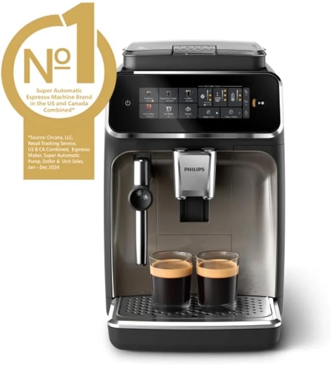 Philips 3300 Series Fully Automatic Espresso Machine with integrated milk frother and grinder, 5 Hot & Iced Coffee Pre-Sets, 40% Quieter SilentBrew, 15-Bar Pressure, Glossy Black (EP3326/90)