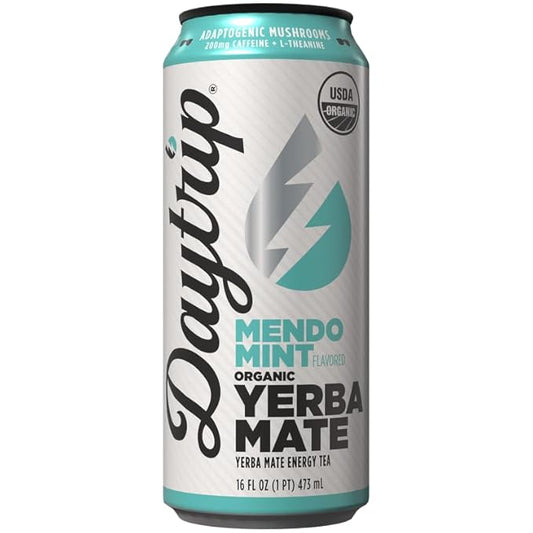 Daytrip Organic Yerba Mate Energy Drink- Clean, Plant Based Caffeine (200mg) with Adaptogenic Mushrooms and Green Tea for Focus and Brain Fog - Low Calorie, Low Sugar (12 Pack Case)