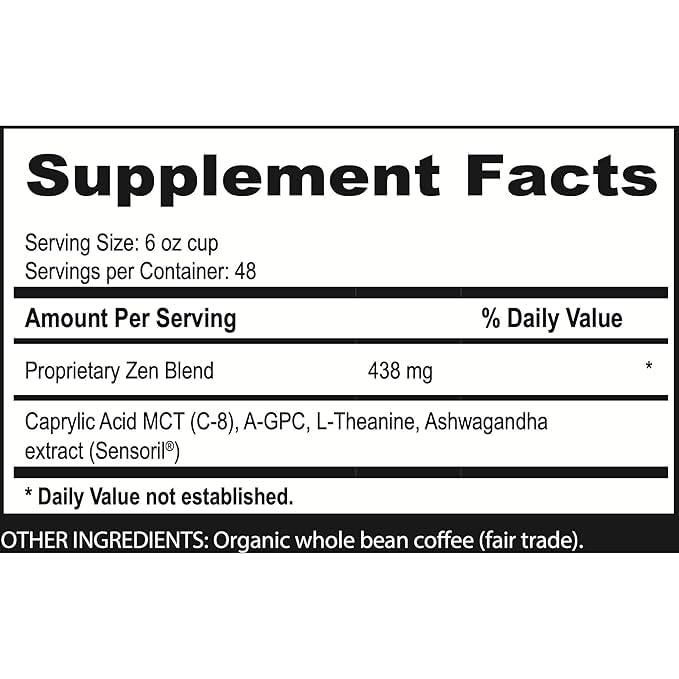 Brain Bean Zen-Blend Organic Coffee Whole Bean with Caprylic Acid MCT (C-8), A-GPC, L-Theanine & Ashwagandha Extract - Premium Grade Organic Coffee Beans for Focus & Calm Support -16 Oz (3-Pack)