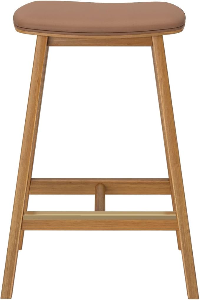 Plank+Beam Beryl Counter Height Stool - Mid-Century Modern Rubberwood Bar Stool with Faux Leather Seat, Metal Footrest, Easy Assembly, 4-Pack, Pecan/Toffee