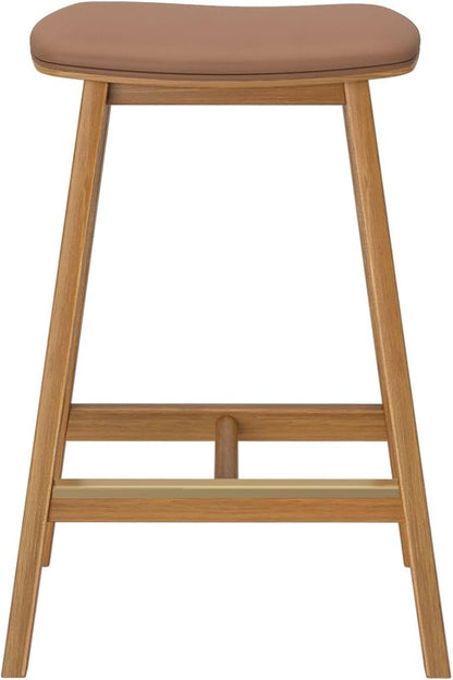 Plank+Beam Beryl Counter Height Stool - Mid-Century Modern Rubberwood Bar Stool with Faux Leather Seat, Metal Footrest, Easy Assembly, Pecan/Toffee