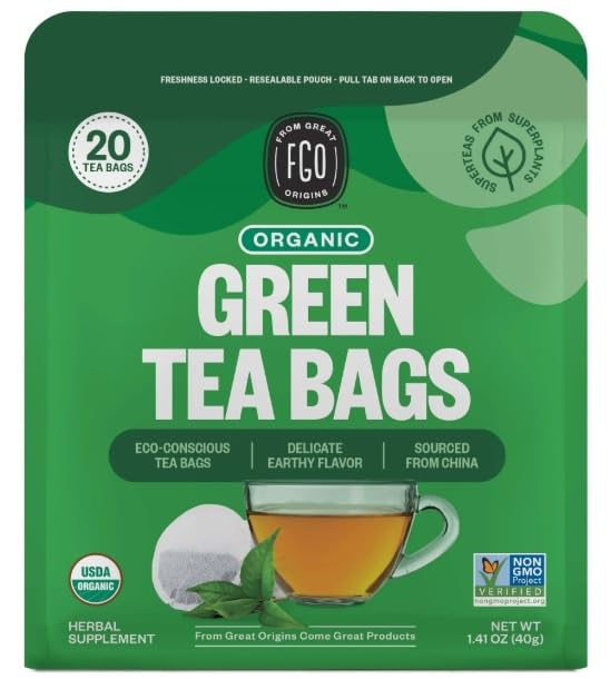 FGO Organic Green Tea, 20 Count Eco-Conscious Tea Bags, Caffeinated, Resealable Pouch, Packaging May Vary (Pack of 1)