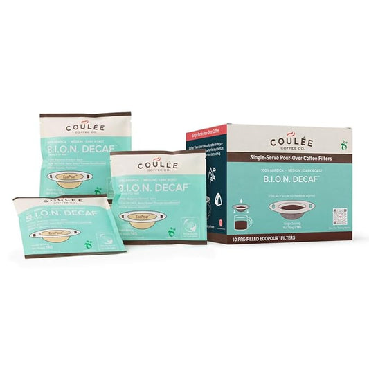 Coulée EcoPour B.I.O.N. Coffee, All Paper Single Serve Pour Over Decaffeinated Coffee, for Camping or Traveling, Pre Filled Compostable Filters, Ready to Brew with Hot Water, Plastic Free, 10 Pack