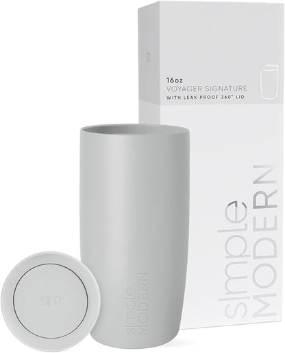 Simple Modern Travel Coffee Mug Tumbler with 360° Lid | Ceramic-Lined Insulated Stainless Steel Cold Brew Iced Coffee Cup Thermos | Gifts for Women Men Her Him | Voyager Signature | 16oz | Ice Gray