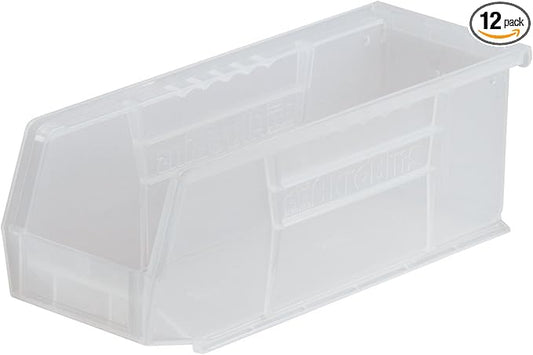 Akro-Mils 30224 AkroBins Plastic Storage Bins, Space-Saving Stackable Bins for Garage, Pantry, Craft Organization, 11" L x 4" W x 4" H, Clear, 12-Pack