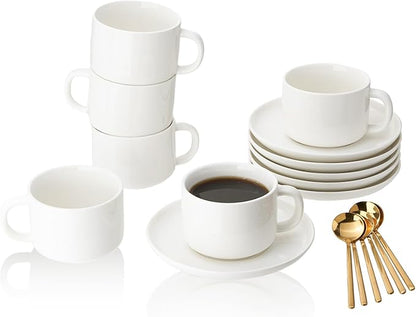 Coffee Cups and Saucers Set of 6 with Stainless Steel spoons, 8oz Ceramic Cappuccino Cups Set, White Durable Porcelain Cups for Tea, Espresso, Latte, Mocha