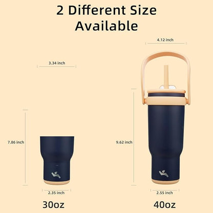 40 oz Tumbler with Side Handle, Insulated Water Bottle with Straw and 2 in 1 Lid, Stainless Steel Cup Travel Coffee Mug for Sports Office Gym,Navy Blue