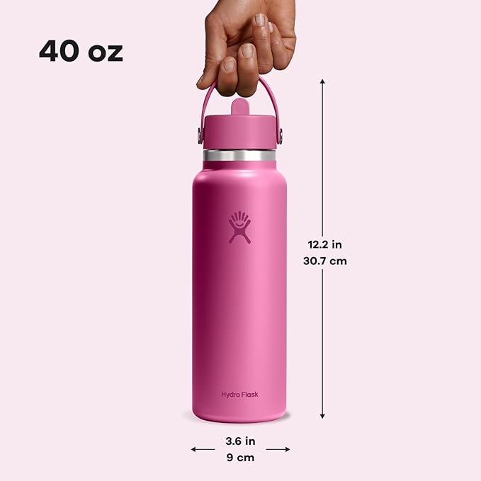 Hydro Flask Water Bottle - Insulated Stainless Steel - Wide Mouth Flex Straw Lid, Non Spill, Leakproof and Refillable in 40 Oz Reef Pink