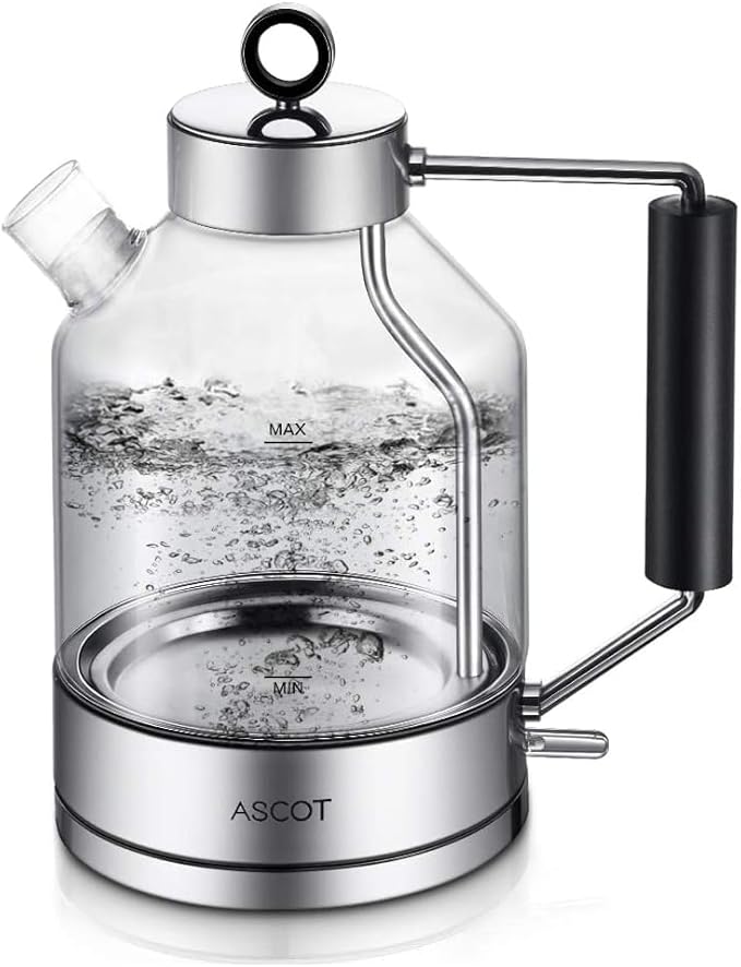 Electric Kettle, ASCOT Electric Tea Kettle 1.5L Glass Electric Kettle, Stainless Steel, BPA-Free, Cordless, Automatic Shutoff, Boil-Dry Protection (Silver)