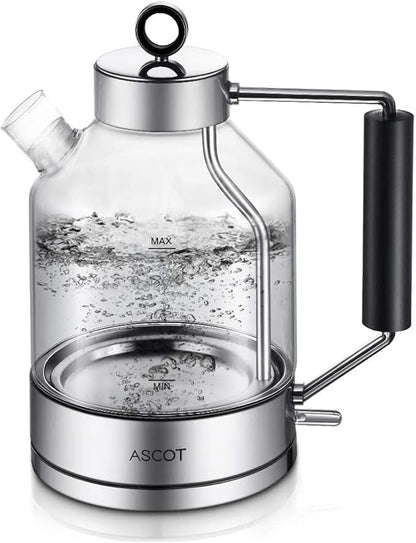 Electric Kettle, ASCOT Electric Tea Kettle 1.5L Glass Electric Kettle, Stainless Steel, BPA-Free, Cordless, Automatic Shutoff, Boil-Dry Protection (Silver)