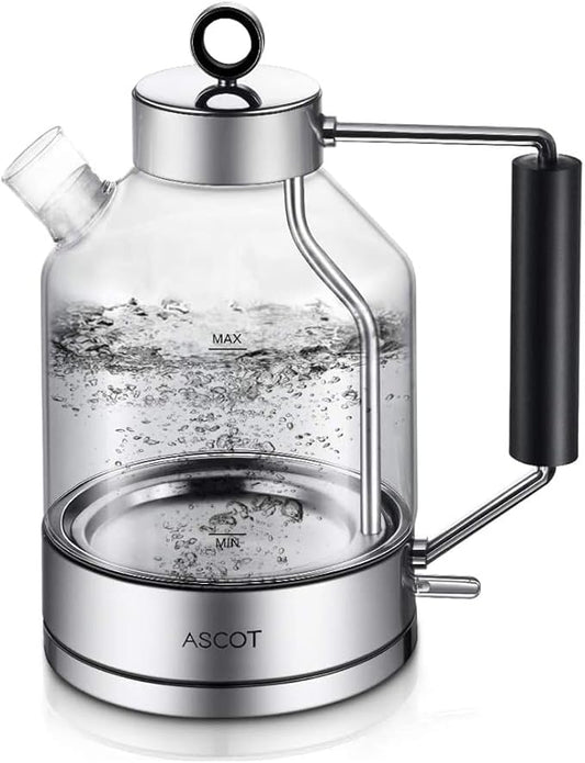 Electric Kettle, ASCOT Electric Tea Kettle 1.5L Glass Electric Kettle, Stainless Steel, BPA-Free, Cordless, Automatic Shutoff, Boil-Dry Protection (Silver)