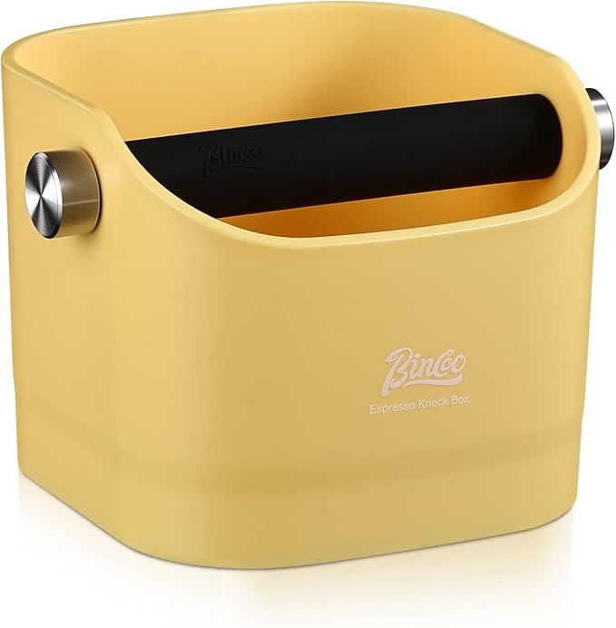 Espresso Knock Box - Bincoo Espresso Machine Knock Box/Espresso Grounds Knock Box, Barista Style Coffee Knock Box for Grounds with Removable Shock-Absorbent Knock Bar and Anti-Slip Base. (yellow)