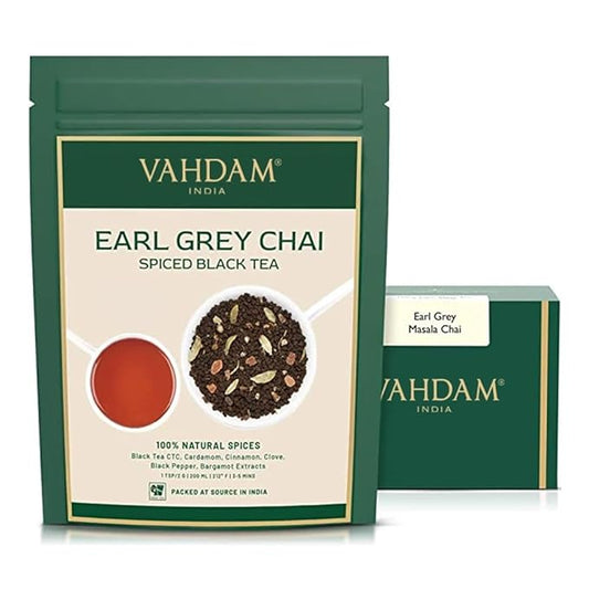 VAHDAM Earl Grey Masala Chai - High Caffeine, Non GMO, Gluten Free | Citrusy Earl Grey Tea Leaves w/ Pure Bergamot Oil | Brew Hot, Iced or Chai Latte | Vacuum Sealed Pack (50 Cups/3.53 oz)