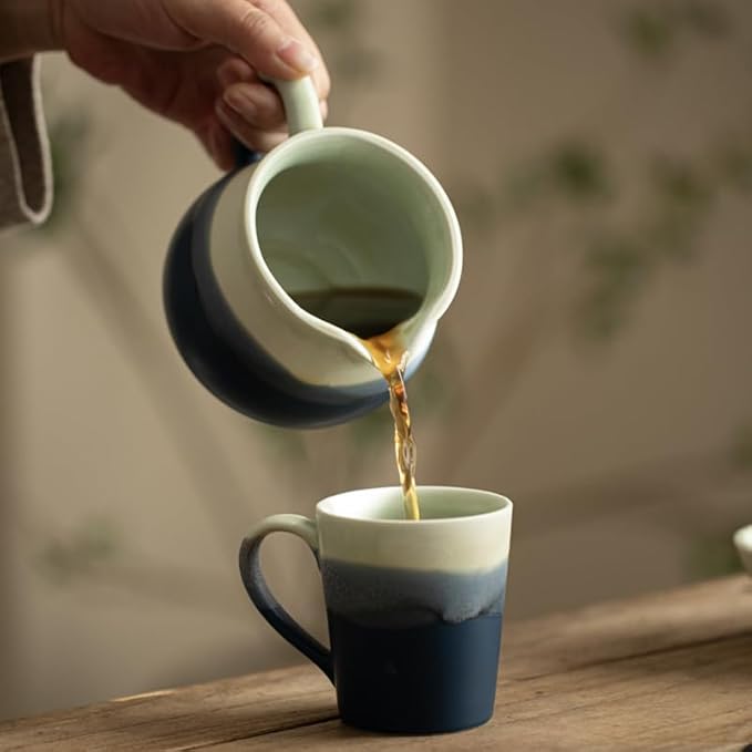 Handmade Gradient White Blue Pour Over Coffee Maker with Pour Set Fambe Ceramic Coffee Dripper Brewer Heat Resistant Coffee Pot Decanter ACM07G