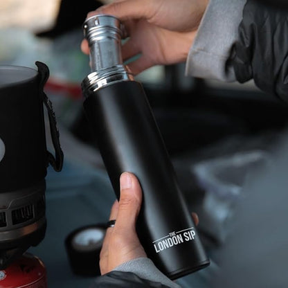 London Sip 25 oz Multi-Function Travel Mug and Tumbler Tea Infuser Water Bottle Fruit Infuser Flask Hot and Cold Double Wall Stainless Steel Coffee Thermos, Zen Black, Pack of 2