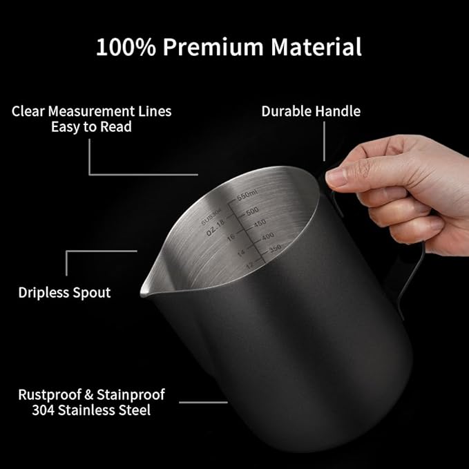 watchget Stainless Steel Milk Frothing Pitcher 20oz/600ml - Espresso Steaming Pitcher for Cappuccino, Latte Art, Coffee Machine Accessories Milk Jug Coffee Frother Cup, Black