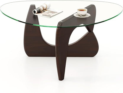 Tangkula Triangle Glass Coffee Table, Mid-Century Modern Center Table with Tempered Glass Top & Adjustable Rubber Wood Base, Small Coffee Table for Small Spaces, Living Room & Reception Room (Walnut)