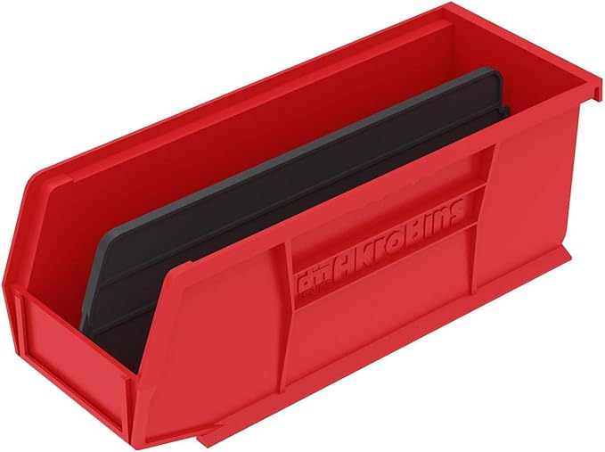 Akro-Mils 30224 AkroBins Plastic Storage Bins, Space-Saving Stackable Bins for Garage, Pantry, Craft Organization, 11" L x 4" W x 4" H, Red, 12-Pack